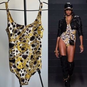 Moschino Gold and Black Chain Print Bodysuit